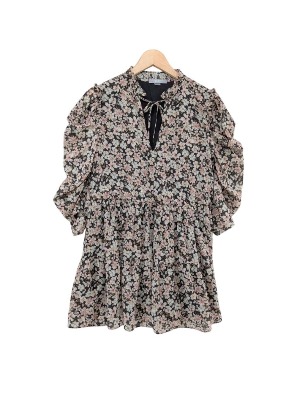 Tart Floral Mini Dress Black Multicolor 3/4 Sleeve Pleated Keyhole Lined Size XS